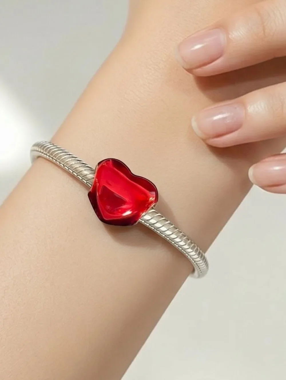 Puffy Metallic Red Heart Bracelet Charm Shiny Enamel Love Girlfriend BFF Gifts
